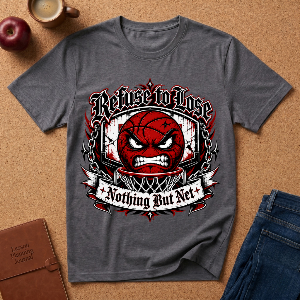 A heather gray graphic t-shirt laid flat on a cork background, featuring a red basketball with an angry face and the text 'Refuse to Lose' and 'Nothing But Net'.