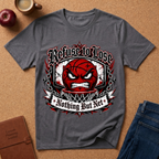 A heather gray graphic t-shirt laid flat on a cork background, featuring a red basketball with an angry face and the text 'Refuse to Lose' and 'Nothing But Net'.