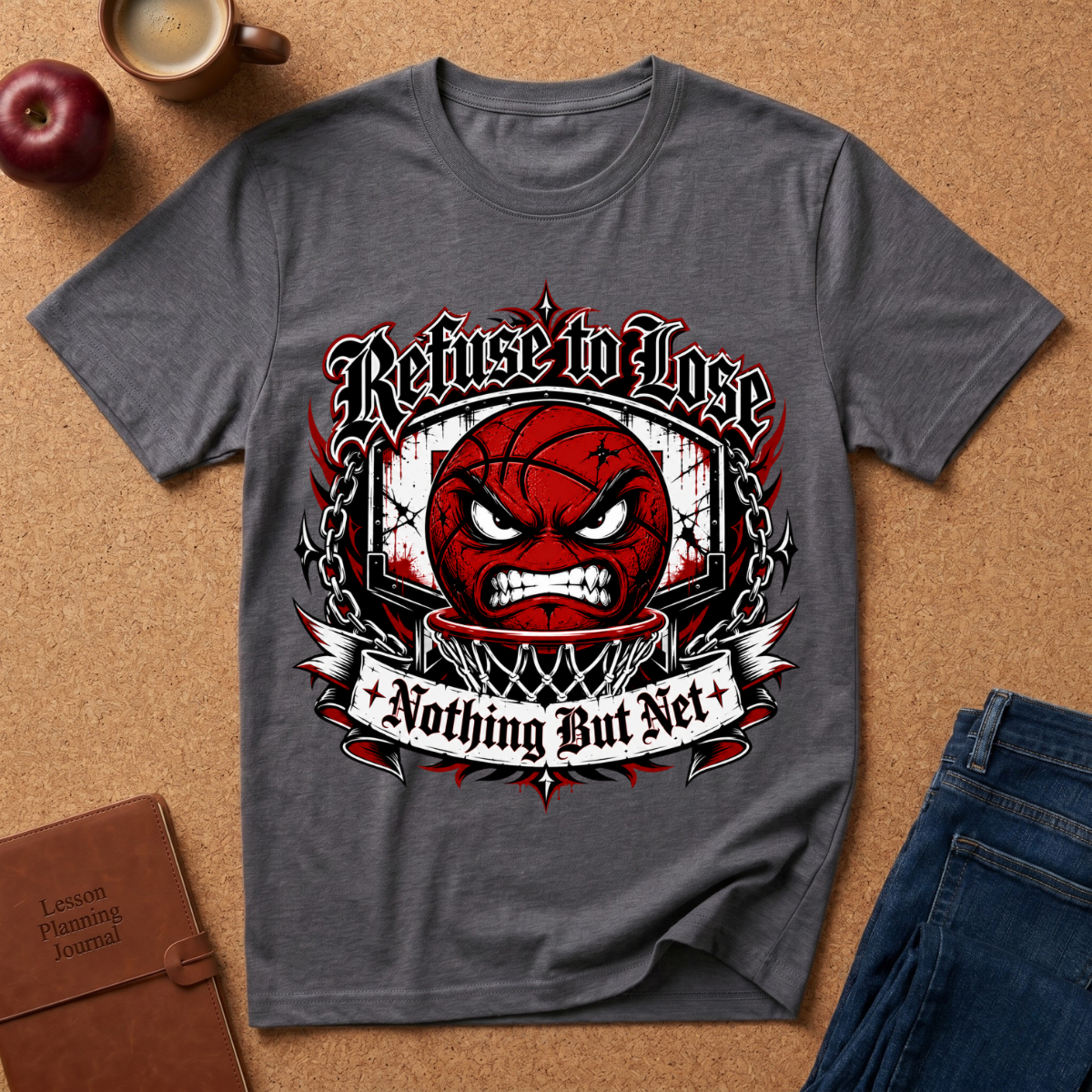 A heather gray graphic t-shirt laid flat on a cork background, featuring a red basketball with an angry face and the text 'Refuse to Lose' and 'Nothing But Net'.