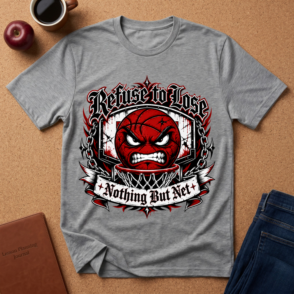 A heather gray short-sleeve t-shirt with a graphic of a red angry basketball inside a basketball hoop, surrounded by the text 'Refuse to Lose' and 'Nothing But Net'. The shirt is displayed in a flat-lay arrangement on a cork board background with a coffee cup, an apple, a notebook, and jeans.