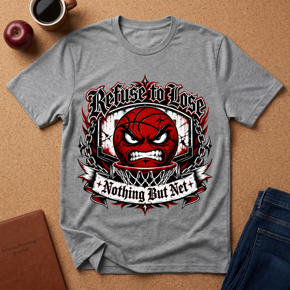 A heather gray short-sleeve t-shirt with a graphic of a red angry basketball inside a basketball hoop, surrounded by the text 'Refuse to Lose' and 'Nothing But Net'. The shirt is displayed in a flat-lay arrangement on a cork board background with a coffee cup, an apple, a notebook, and jeans.