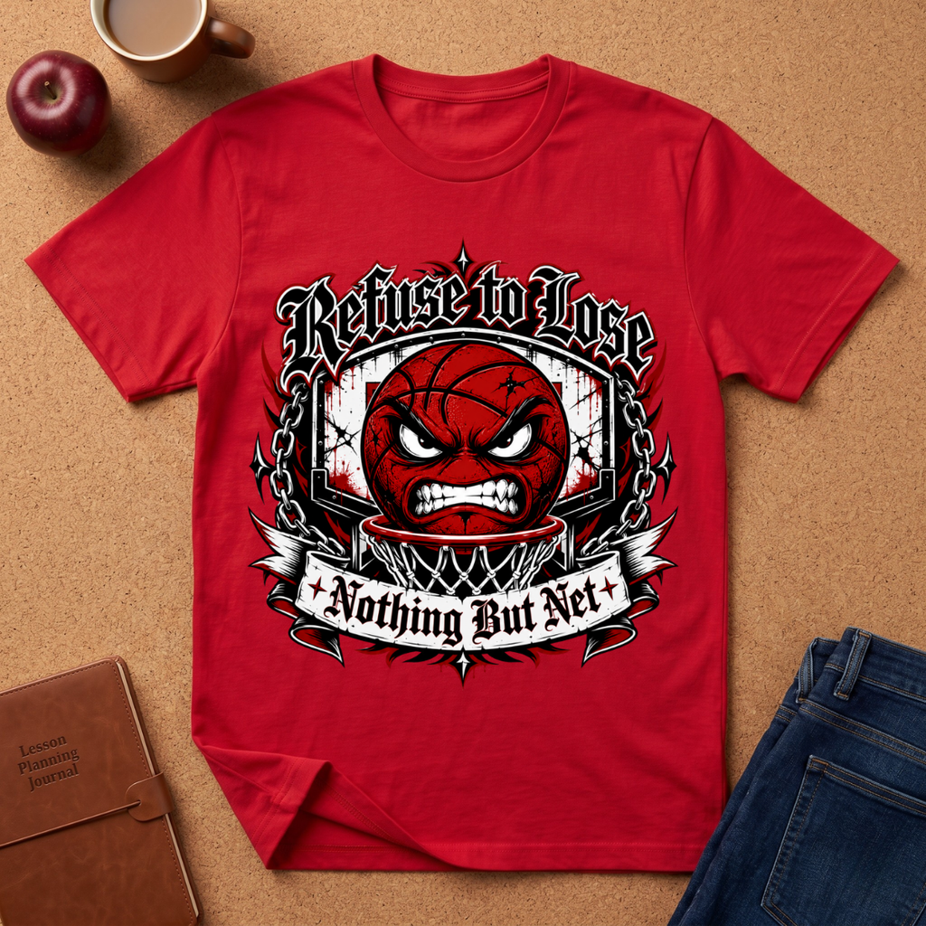 A red short-sleeve graphic T-shirt laid flat on a cork-like surface, surrounded by a coffee mug, apple, notebook, and jeans as styled props. The shirt features a large basketball-themed graphic with the text 'Refuse to Lose' and 'Nothing But Net' in a distressed black-and-white design.