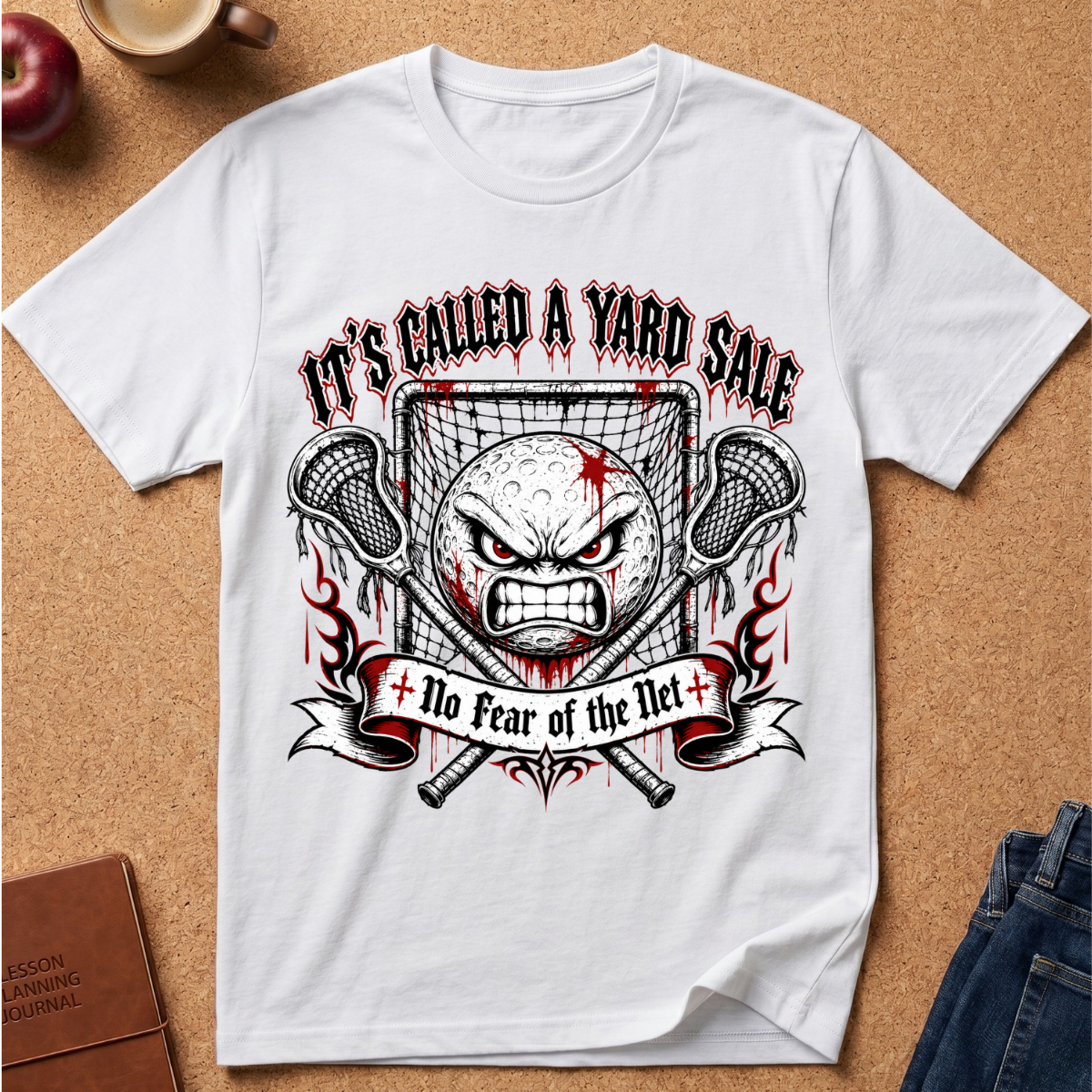 A white short-sleeve graphic T-shirt laid flat on a cork surface, featuring a large distressed design with the text 'IT'S CALLED A YARD SALE' and 'No Fear of the Net' around a stylized angry face, lacrosse sticks, and a goal net. Partial props including an apple, a cup, a book, and jeans are visible around the shirt.