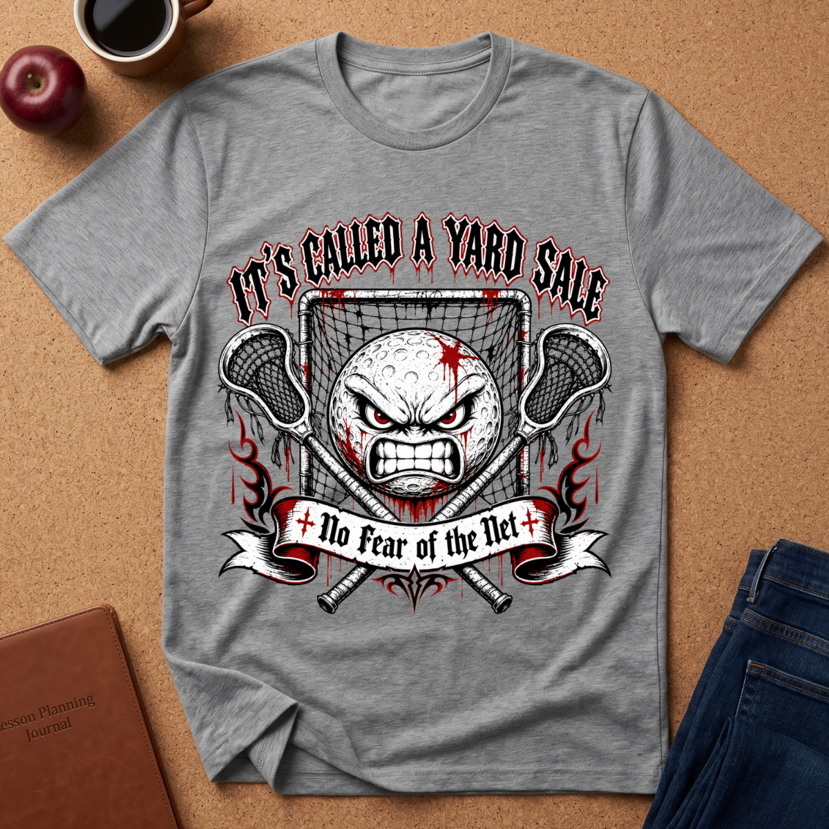 A heather gray graphic t-shirt laid flat on a cork background, featuring a hockey-themed design with crossed sticks, a snarling ball, and the text 'IT'S CALLED A YARD SALE' and 'No Fear of the Net'.
