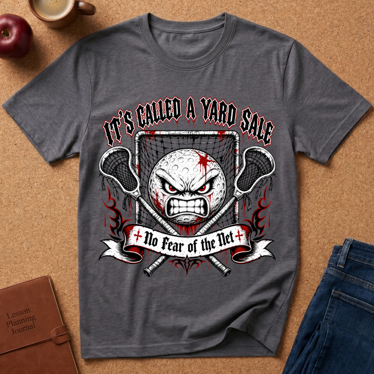 A dark gray graphic t-shirt laid flat on a cork background, featuring a humorous lacrosse-themed design with the text 'IT'S CALLED A YARD SALE' and 'No Fear of the Net' around an angry lacrosse ball and crossed lacrosse sticks.