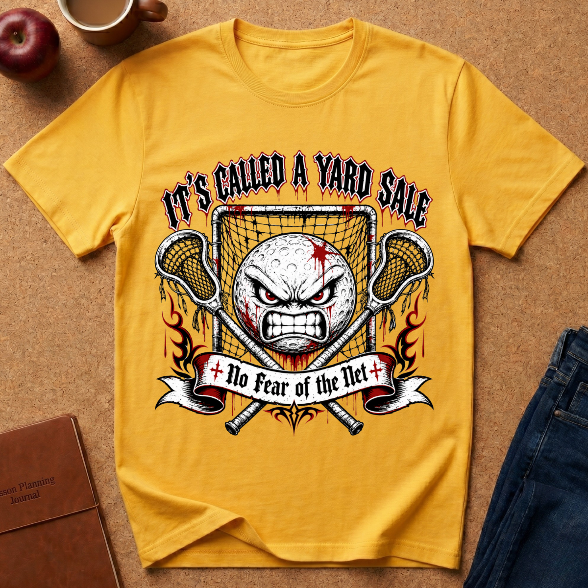 A yellow graphic t-shirt laid flat on a brown cork-like surface, surrounded by lifestyle props including a red apple, a coffee mug, a brown journal, and blue jeans. The t-shirt features a graphic of an angry lacrosse ball behind crossed lacrosse sticks and a net, with the text 'IT'S CALLED A YARD SALE' and a banner reading '+ No Fear of the Net +'.