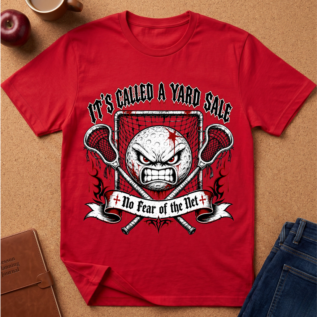 A red short-sleeve graphic T-shirt laid flat on a cork surface, featuring a large front print with crossed lacrosse sticks, a hockey ball, flames, and the text 'IT'S CALLED A YARD SALE' and 'No Fear of the Net'. Partial jeans, an apple, and a cup are visible around it as styling props.