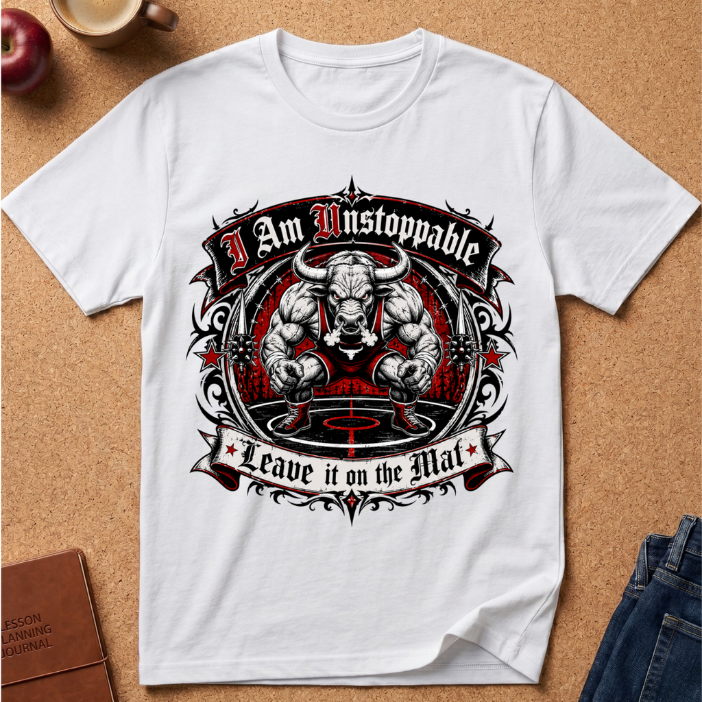 A white short-sleeve graphic T-shirt laid flat on a tan cork-like surface, surrounded by small props including an apple, a cup, and jeans. The shirt features a large central bull-themed graphic with the text 'I Am Unstoppable' at the top and 'Leave it on the Mat' at the bottom.