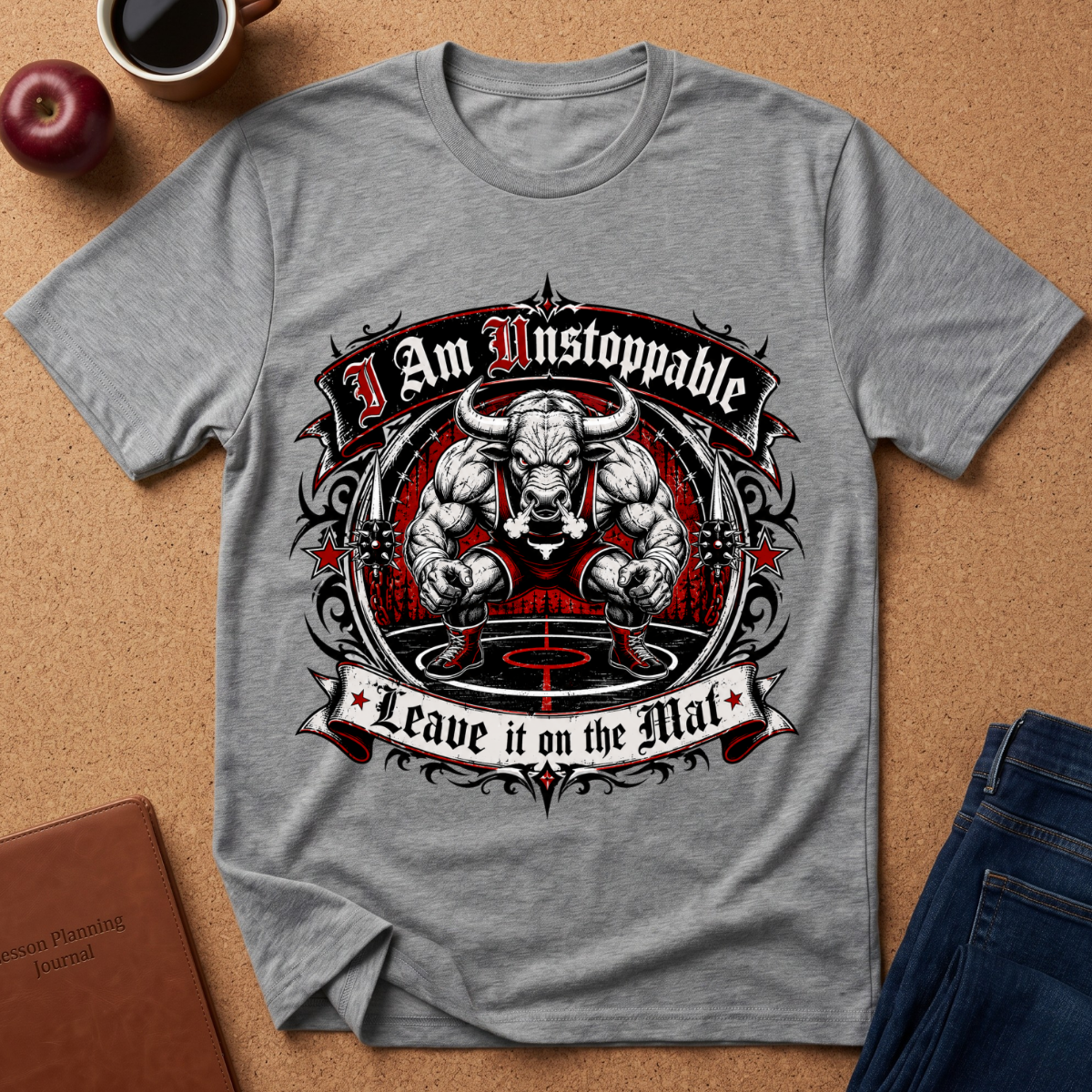 A heather gray short-sleeve t-shirt with a muscular bull graphic and the text 'I Am Unstoppable' and 'Leave it on the Mat', laid flat on a cork background with a coffee cup, apple, and jeans nearby.