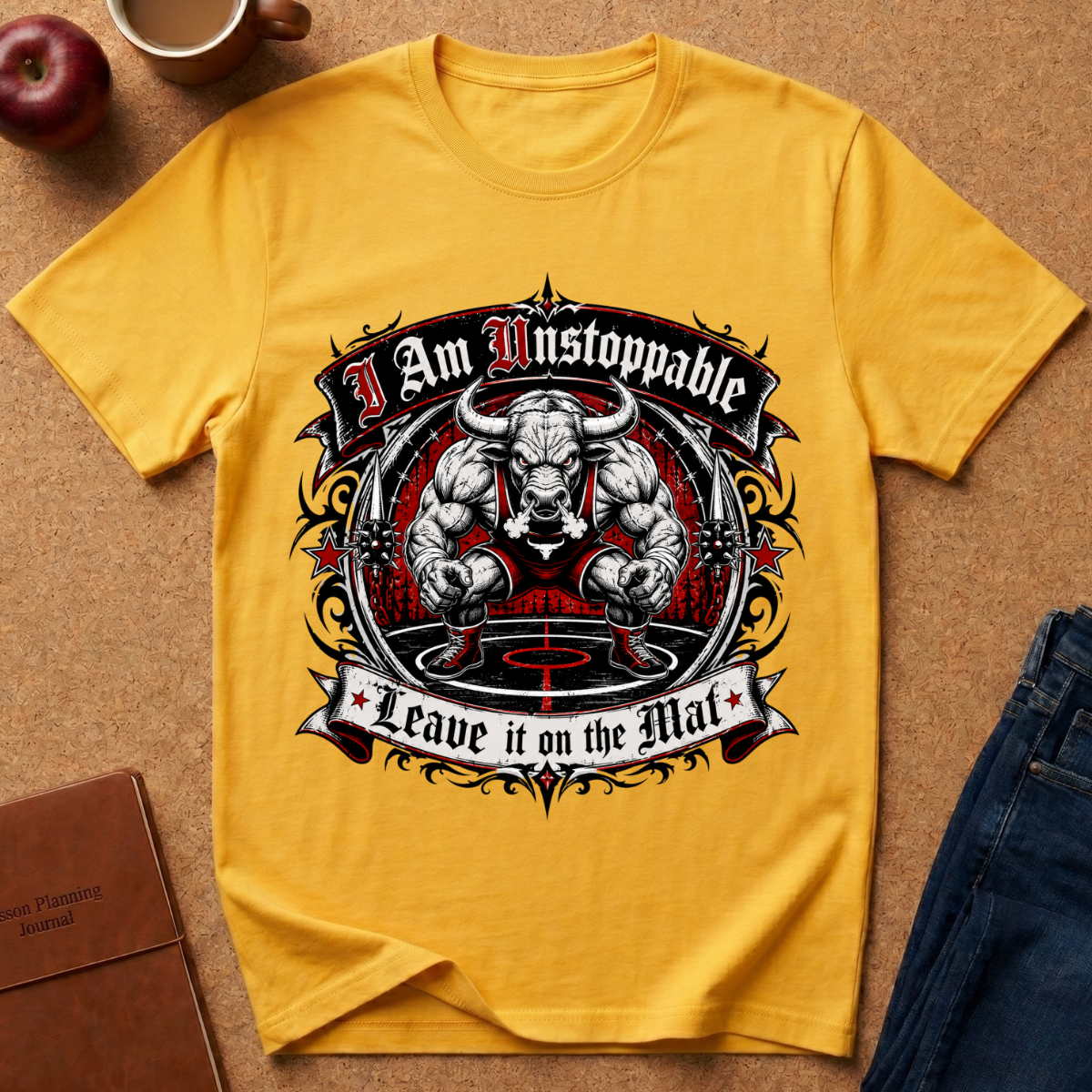 A yellow graphic t-shirt laid flat on a cork background with lifestyle props including an apple, a coffee mug, a notebook, and jeans. The shirt features a large central graphic of a muscular bull skull with the text 'I Am Unstoppable' above and 'Leave it on the Mat' below.