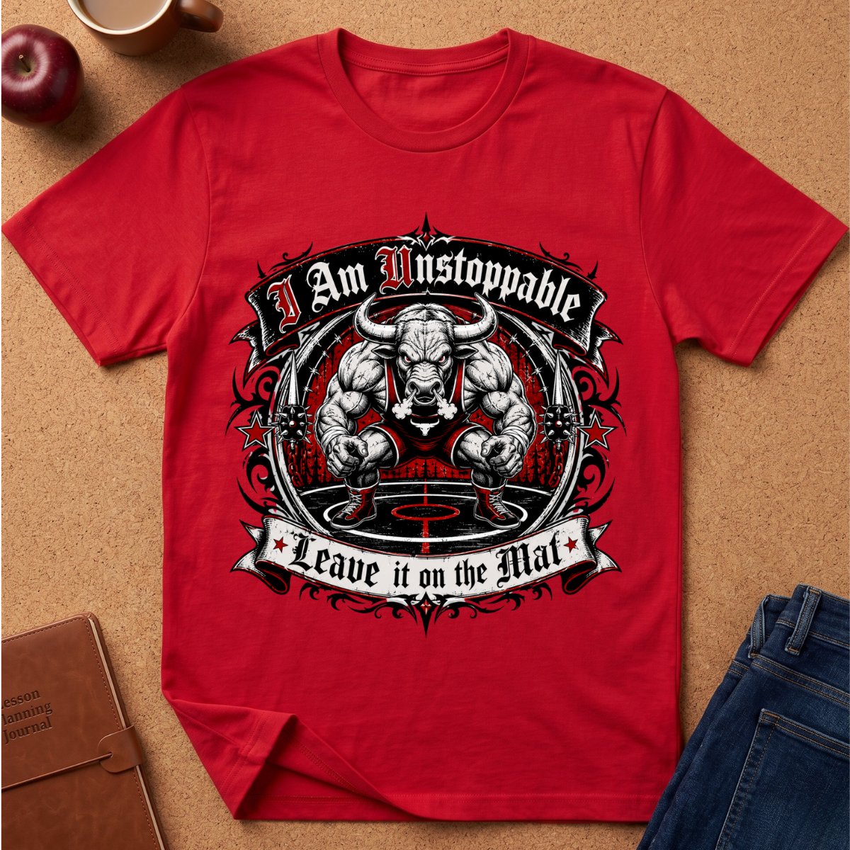 A red short-sleeve graphic T-shirt laid flat on a tan cork-like surface, surrounded by small props including an apple, a mug, a notebook, and folded blue jeans. The shirt features a large central bull graphic with the text 'I Am Unstoppable' above and 'Leave it on the Mat' below.
