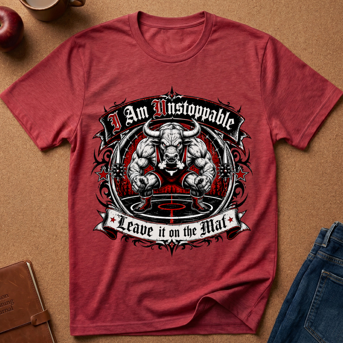 A heathered red graphic t-shirt laid flat on a brown cork background, surrounded by lifestyle props like an apple, a notebook, and a pair of jeans. The shirt features a large central graphic of a muscular bull skull with the text 'I Am Unstoppable' above and 'Leave it on the Mat' below.