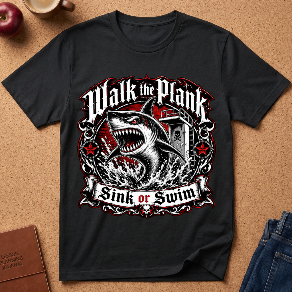 A black graphic t-shirt laid flat on a cork background, featuring a large shark design with the text 'Walk the Plank Sink or Swim'.