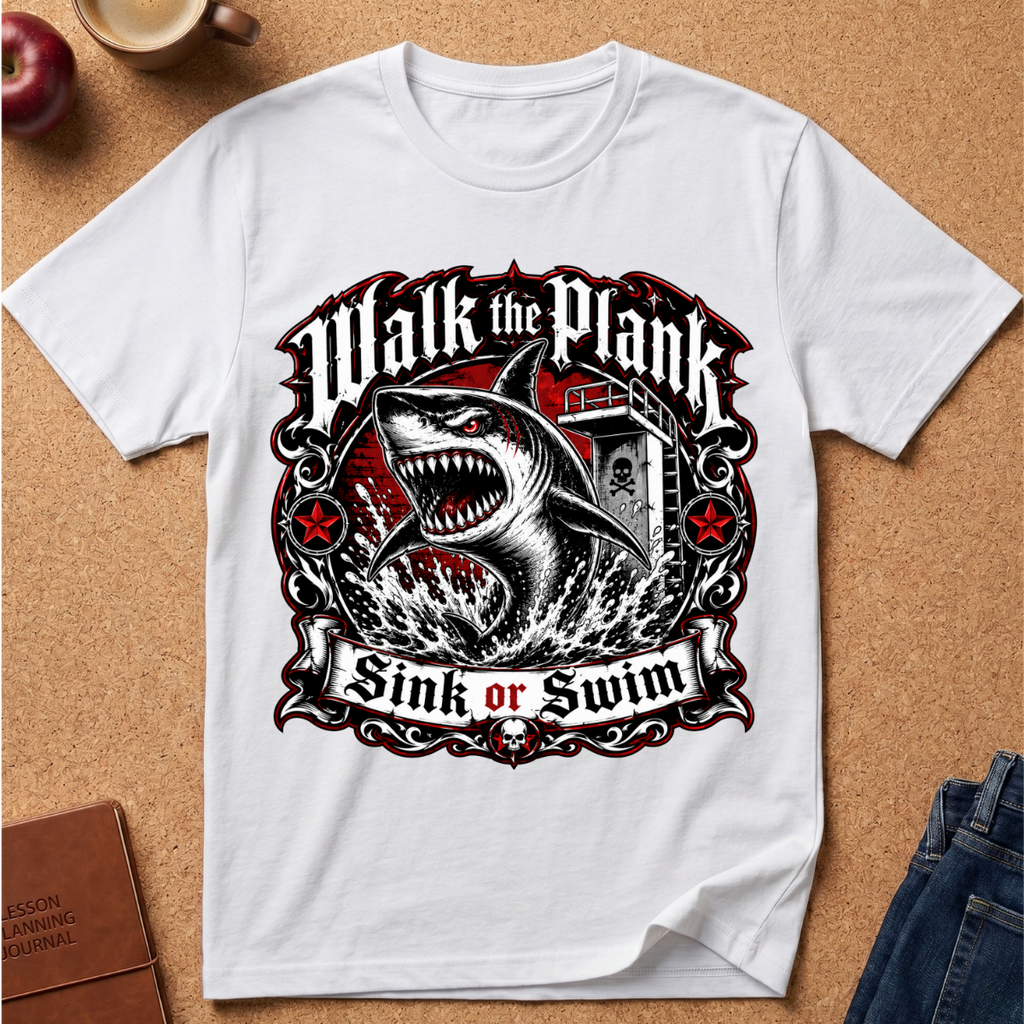 A white short-sleeve graphic T-shirt laid flat on a cork background, featuring a large shark illustration and the text 'Walk the Plank Sink or Swim' in black, red, and white.