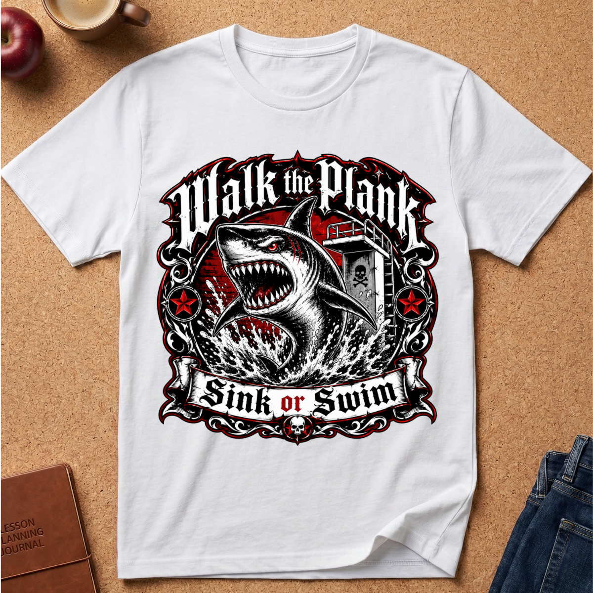 A white short-sleeve graphic T-shirt laid flat on a cork background, featuring a large shark illustration and the text 'Walk the Plank Sink or Swim' in black, red, and white.