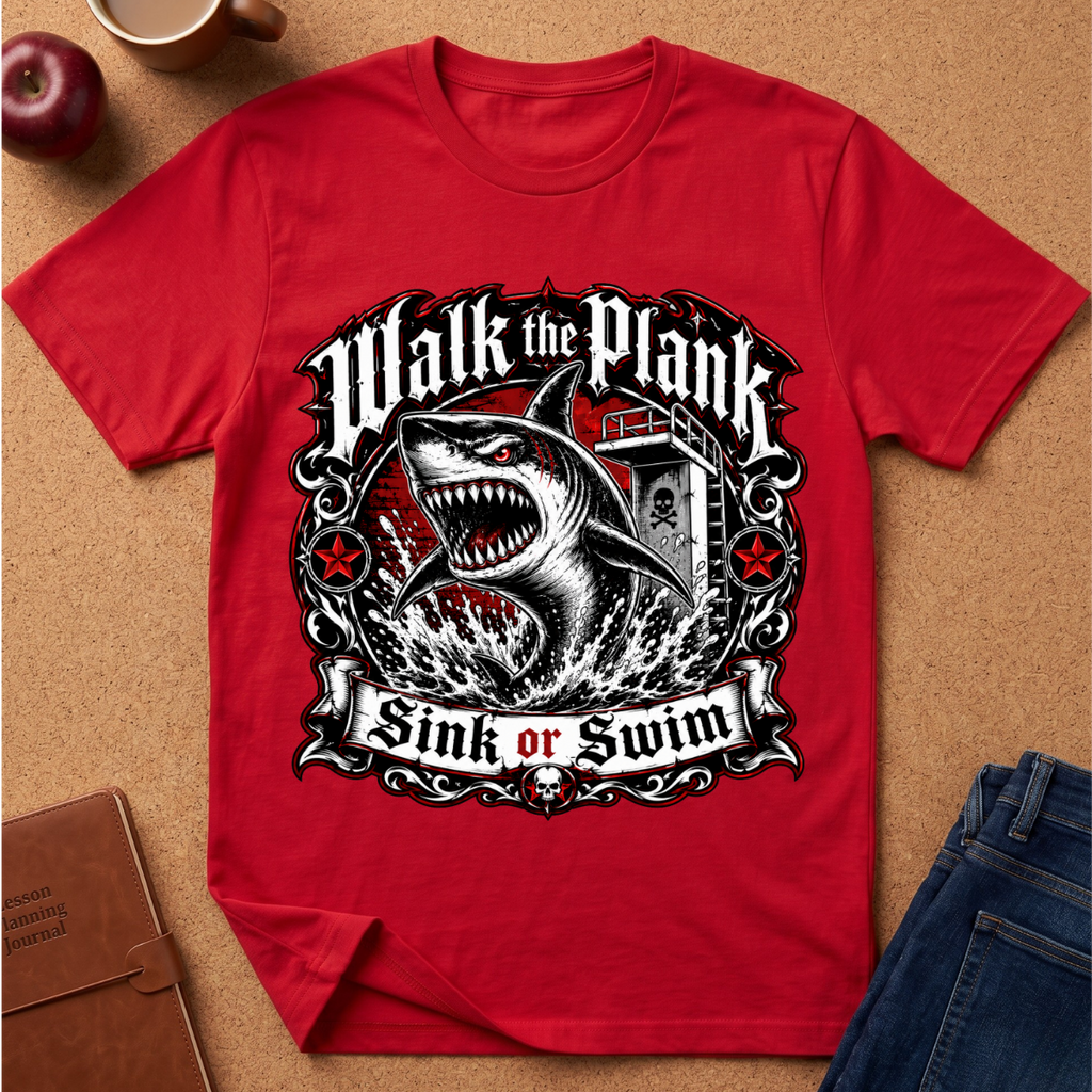 A red short-sleeve graphic T-shirt laid flat on a cork-like surface, featuring a large shark illustration and the words 'Walk the Plank Sink or Swim' in a black-and-white ornate emblem. Partial props around the shirt include an apple, a mug, a brown notebook, and blue jeans.