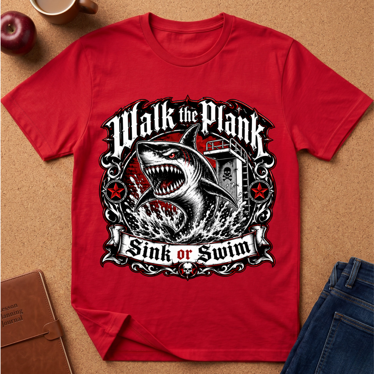 A red short-sleeve graphic T-shirt laid flat on a cork-like surface, featuring a large shark illustration and the words 'Walk the Plank Sink or Swim' in a black-and-white ornate emblem. Partial props around the shirt include an apple, a mug, a brown notebook, and blue jeans.