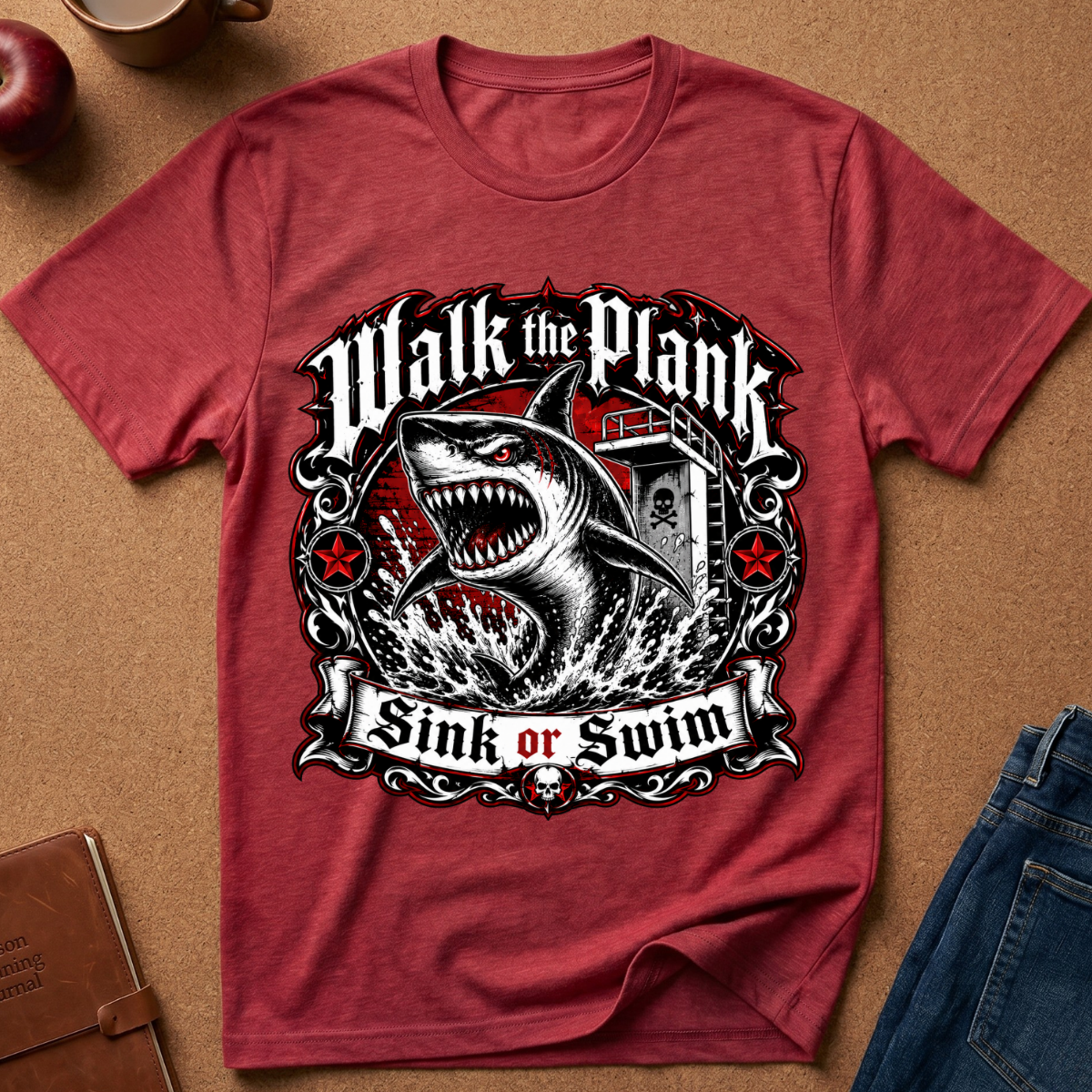 A heathered red short-sleeve t-shirt laid flat on a brown cork-like surface, featuring a large shark graphic with the words 'Walk the Plank Sink or Swim' in a decorative emblem. Partial props around the shirt include an apple, a mug, a notebook, and blue jeans.