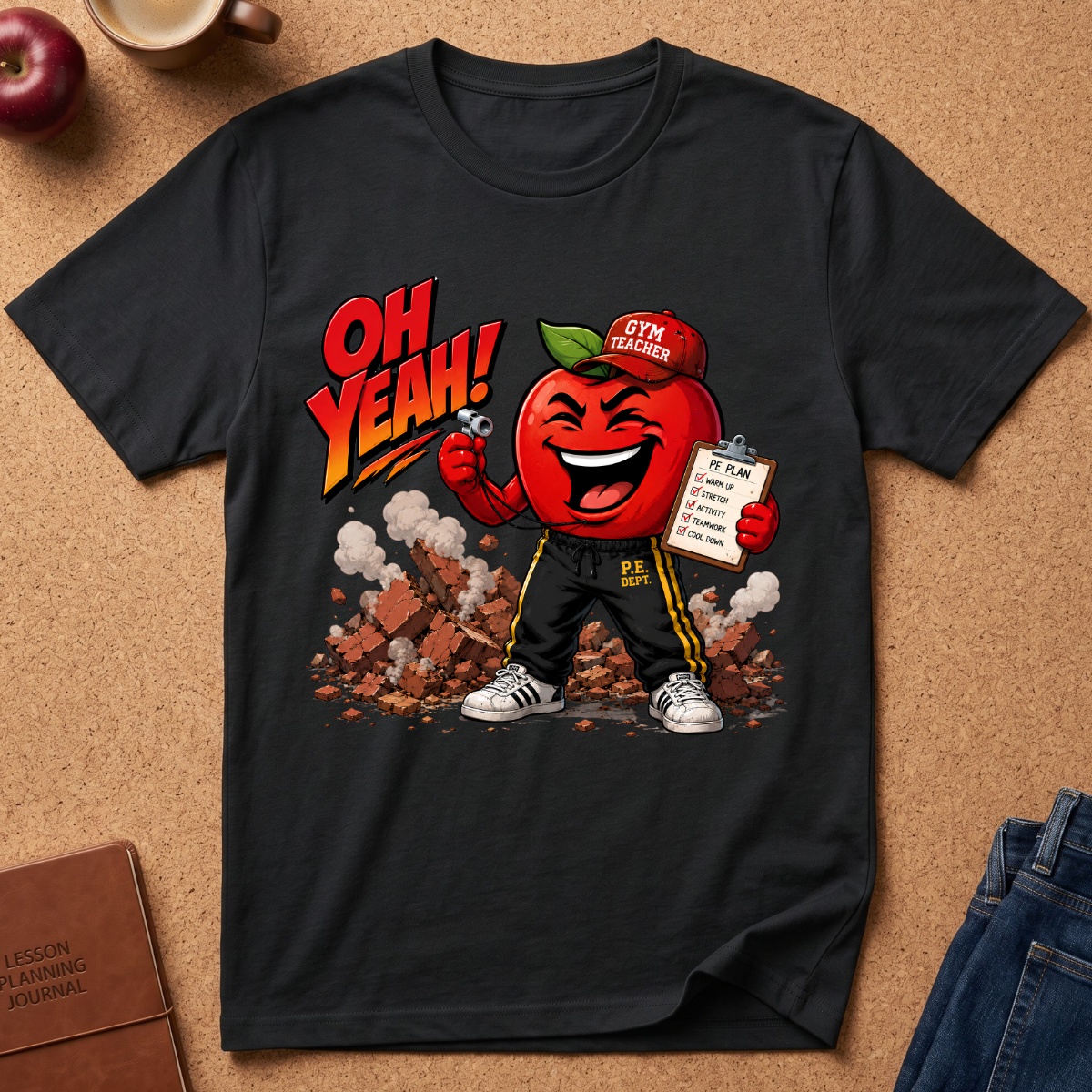 A black graphic t-shirt laid flat on a brown cork background, featuring a cartoon red apple character wearing a 'GyM Teacher' cap and sweatpants, with the text 'OH YEAH!' and a clipboard.