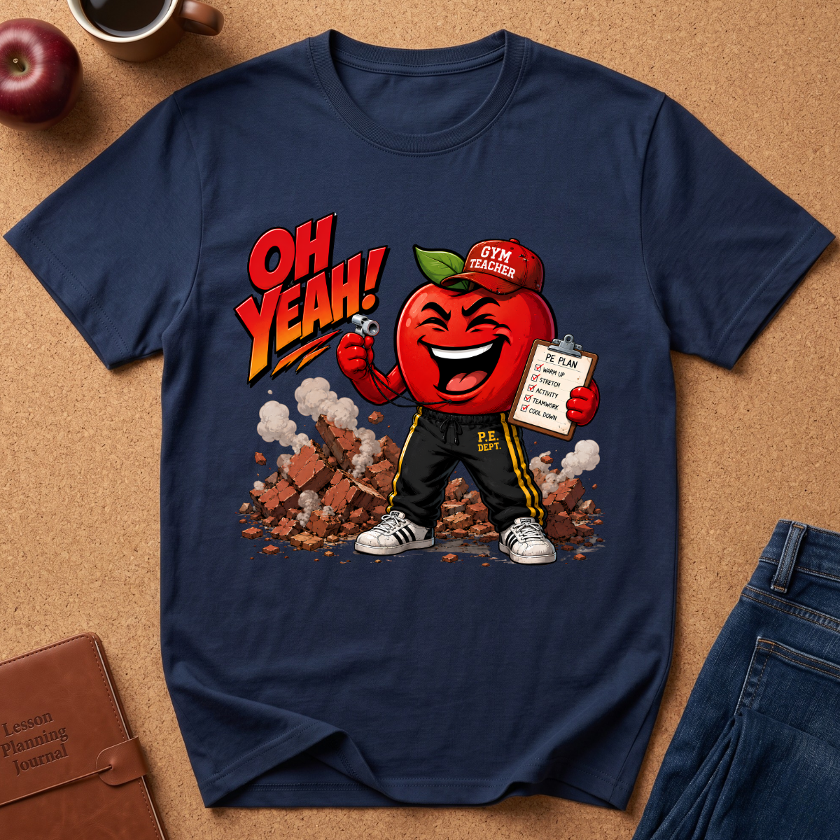 A navy blue graphic t-shirt laid flat on a cork background, featuring a cartoon red apple character dressed as a gym teacher with the text 'OH YEAH!' and a clipboard.