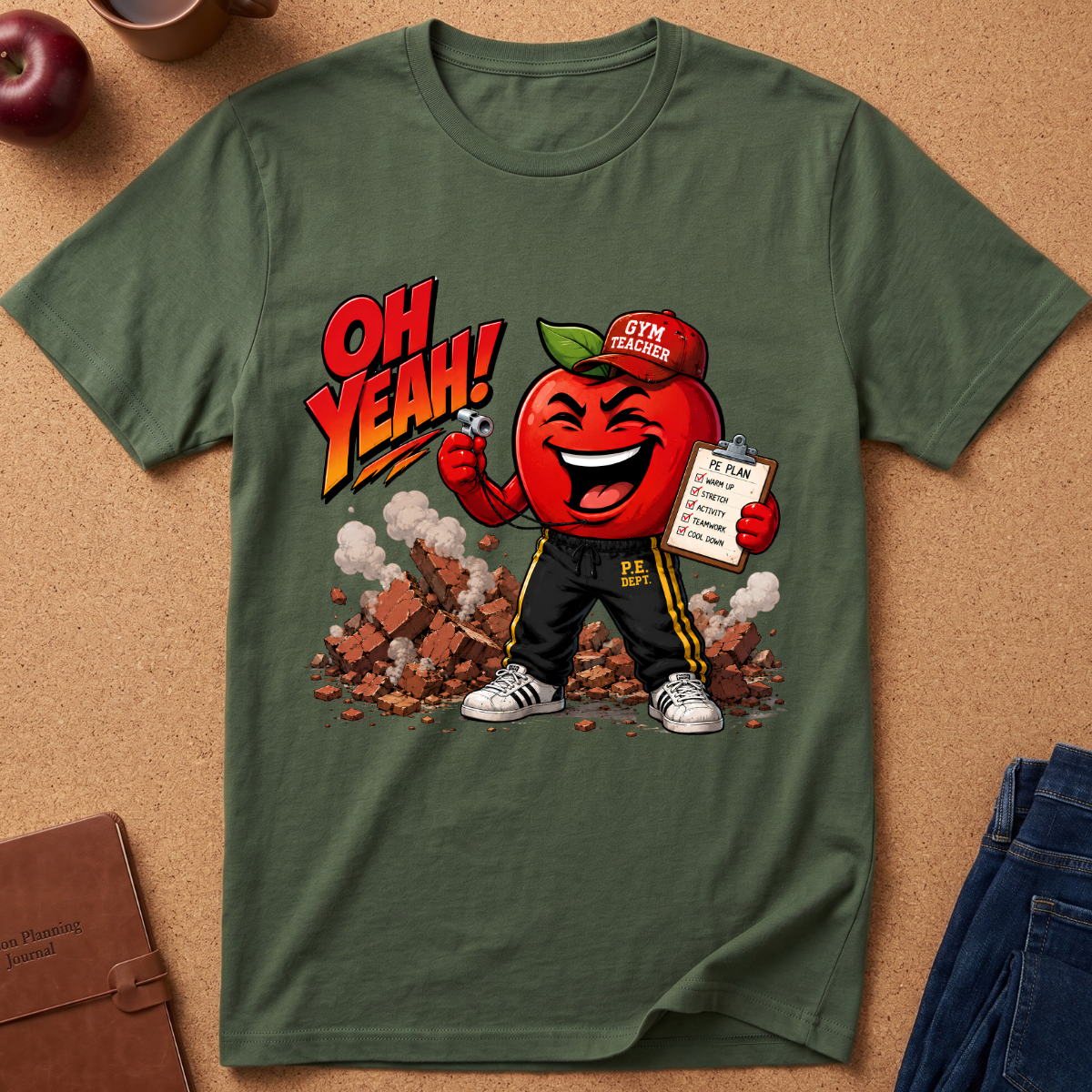 An olive green graphic t-shirt laid flat on a cork background, featuring a cartoon red apple character wearing a 'Gym Teacher' cap and sweatpants with the text 'OH YEAH!' and a clipboard.