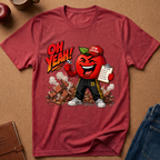 A heathered red graphic t-shirt laid flat on a brown cork-like surface, featuring a cartoon apple character wearing a red cap that says 'GYM TEACHER' and black pants, with the text 'OH YEAH!' in red and yellow. Styled flat-lay props include a brown notebook, a blue denim jacket, and a red apple in the corners.