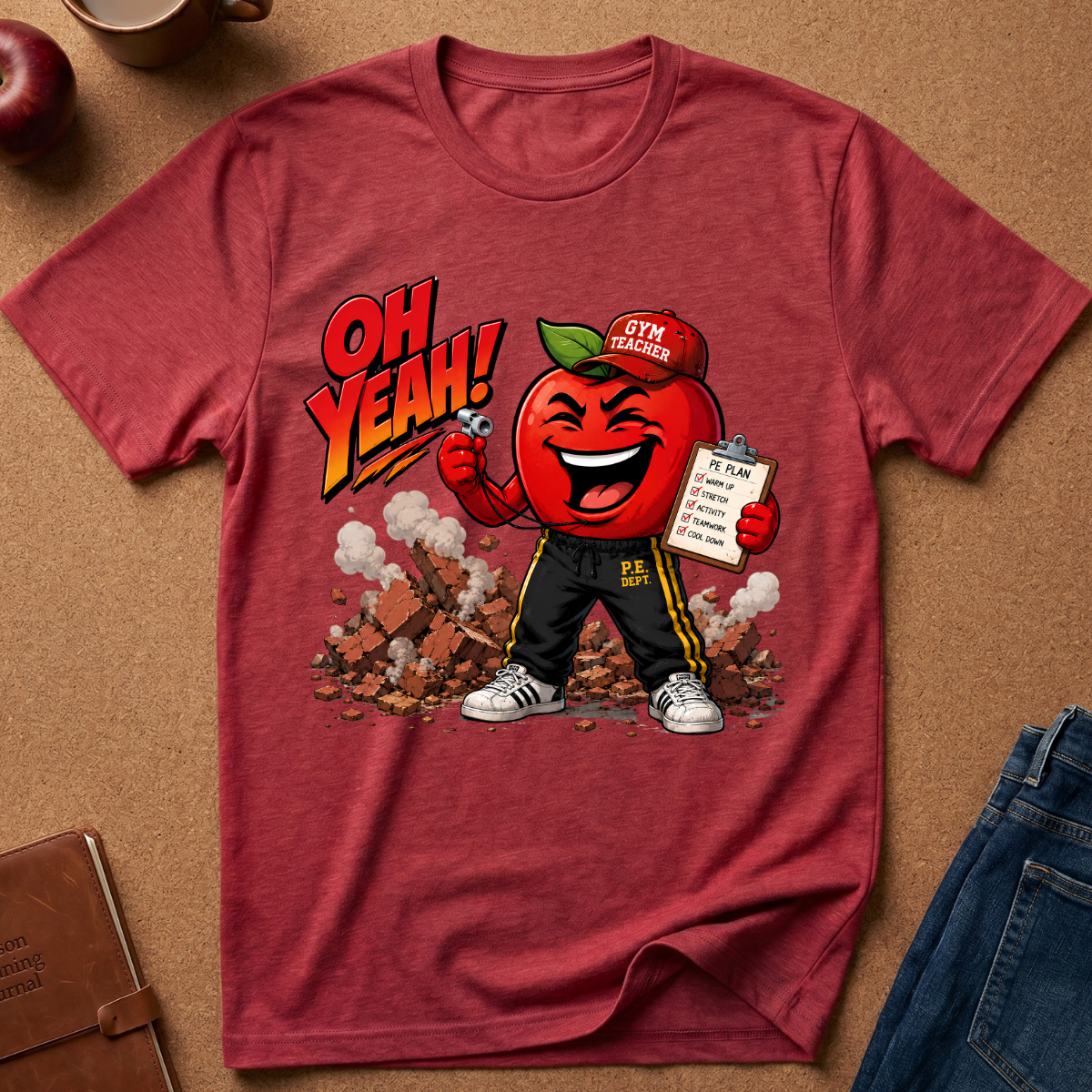 A heathered red graphic t-shirt laid flat on a brown cork-like surface, featuring a cartoon apple character wearing a red cap that says 'GYM TEACHER' and black pants, with the text 'OH YEAH!' in red and yellow. Styled flat-lay props include a brown notebook, a blue denim jacket, and a red apple in the corners.