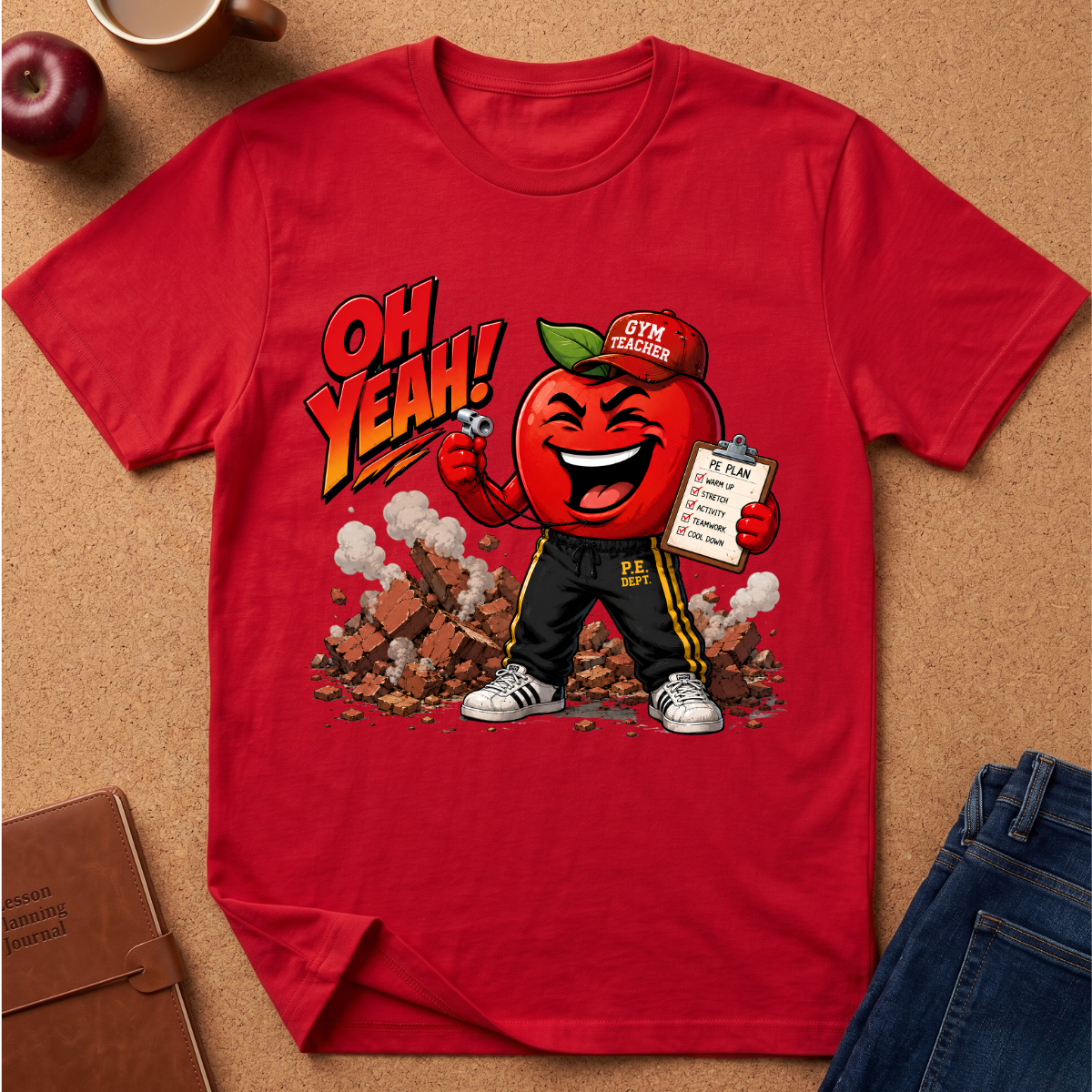 A red short-sleeve graphic T-shirt laid flat on a cork surface, featuring a cartoon red apple character wearing a cap that says 'GYM TEACHER' and holding a clipboard, with the text 'OH YEAH!' above. Surrounding props include an apple, a mug, a notebook, and blue jeans.