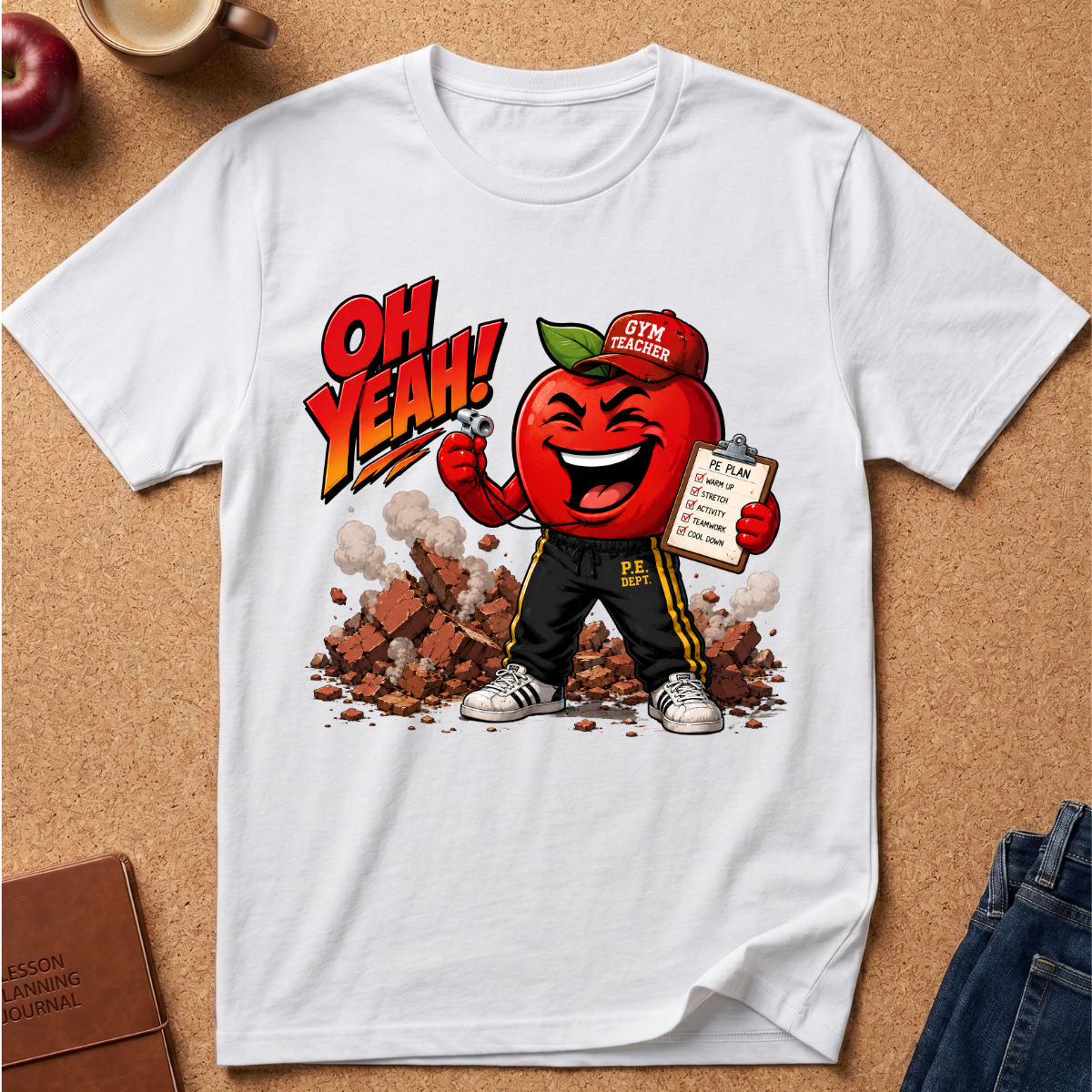 A white short-sleeve graphic T-shirt laid flat on a cork surface, featuring a cartoon red apple character wearing a 'Gym Teacher' cap and black pants, with the text 'OH YEAH!' and a clipboard.