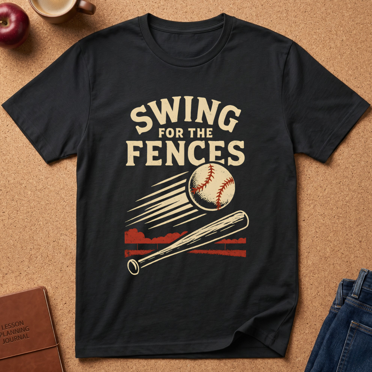 A black short-sleeve graphic T-shirt laid flat on a cork background, featuring the phrase 'SWING FOR THE FENCES' above a baseball and bat illustration. The shirt is styled with partial props including an apple, a cup, a journal, and jeans.