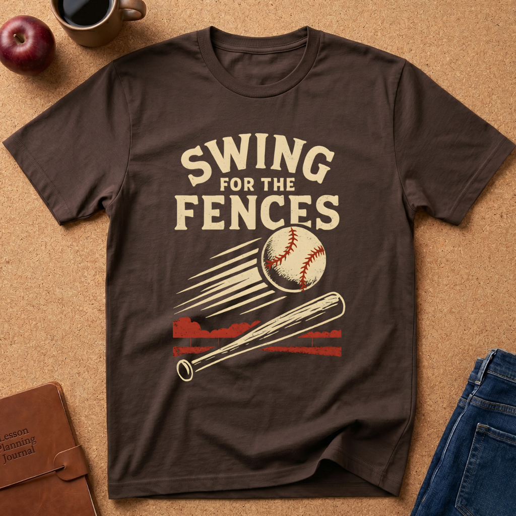 A dark brown graphic t-shirt laid flat on a cork background, featuring a baseball design with the text 'SWING FOR THE FENCES'. The shirt is styled with a coffee mug, an apple, a notebook, and blue jeans.