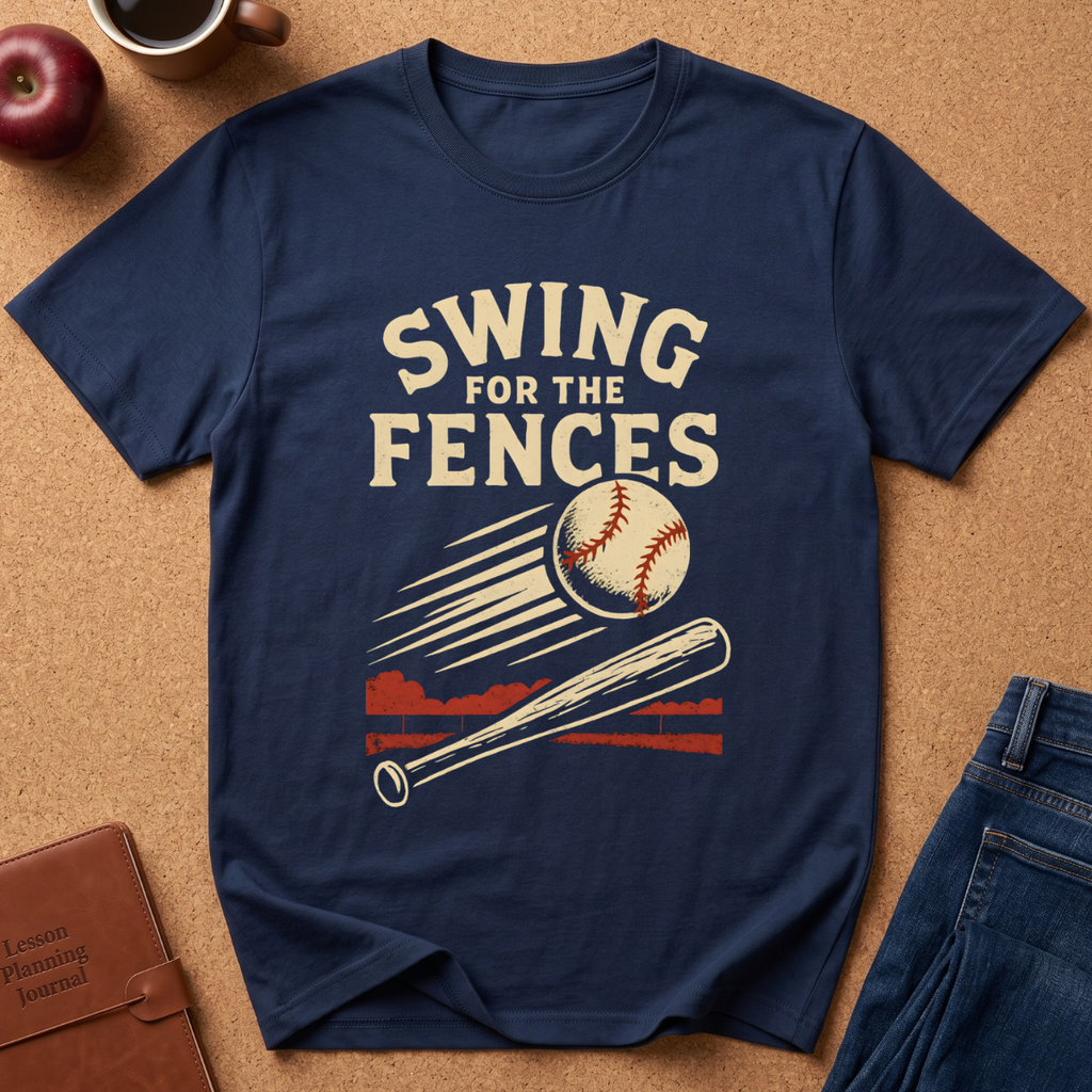 A navy blue graphic t-shirt laid flat on a brown cork background, featuring the text 'SWING FOR THE FENCES' in cream above a baseball, bat, and red-orange field graphic. Styled flat-lay props include an apple, coffee cup, notebook, and jeans around the shirt.