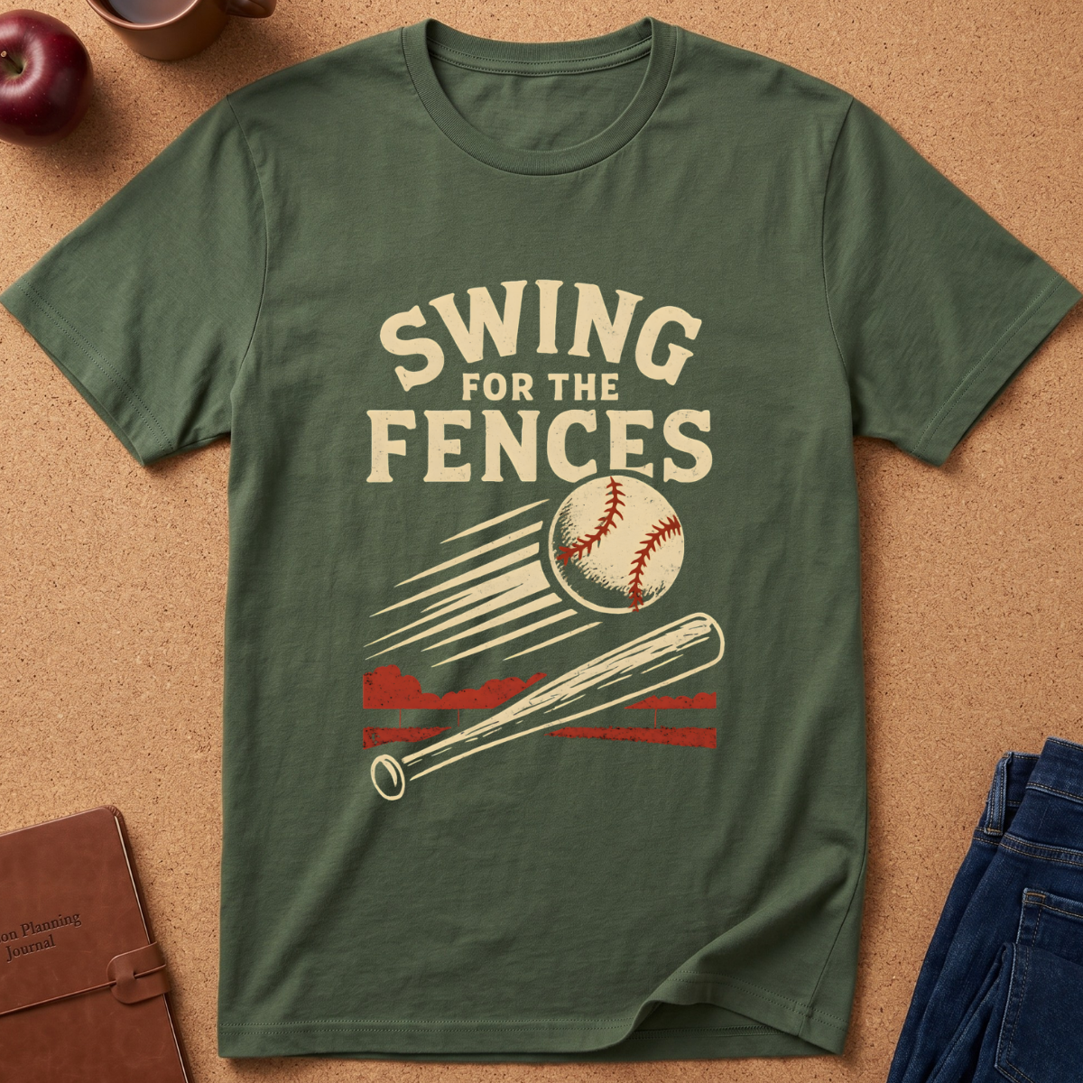 An olive green short-sleeve t-shirt laid flat on a cork background, featuring a retro baseball graphic with the text 'SWING FOR THE FENCES' in cream, a baseball, a bat, and red streaks. Styled flat-lay props include an apple, a notebook, and blue jeans.