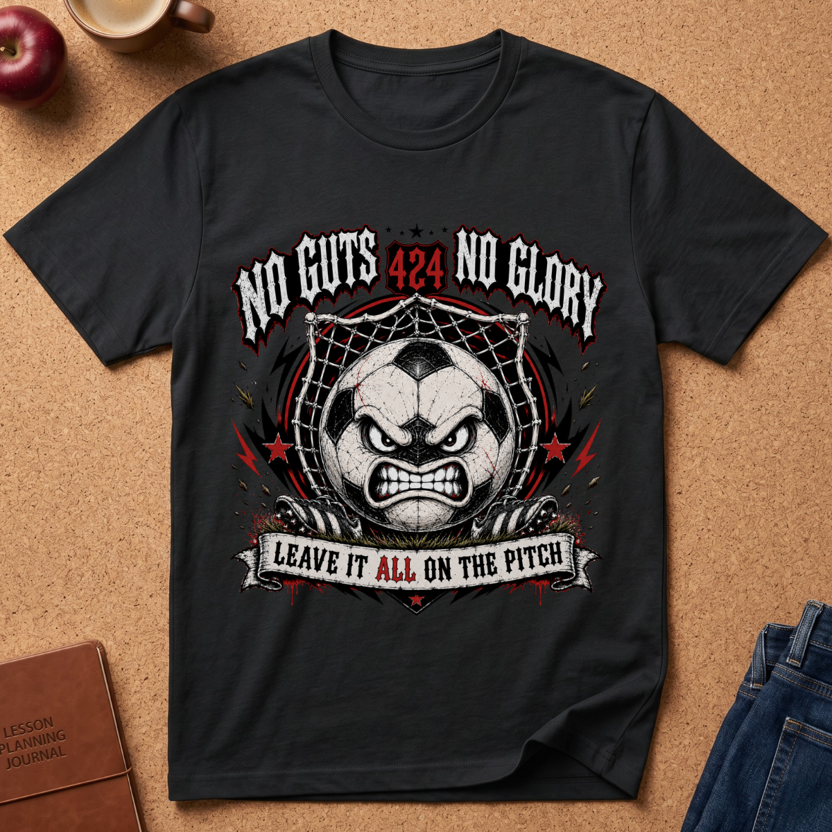 A black graphic t-shirt laid flat on a cork background, featuring a soccer-themed design with an angry soccer ball graphic, stars, and the text 'NO GUTS 424 NO GLORY' and 'LEAVE IT ALL ON THE PITCH'.