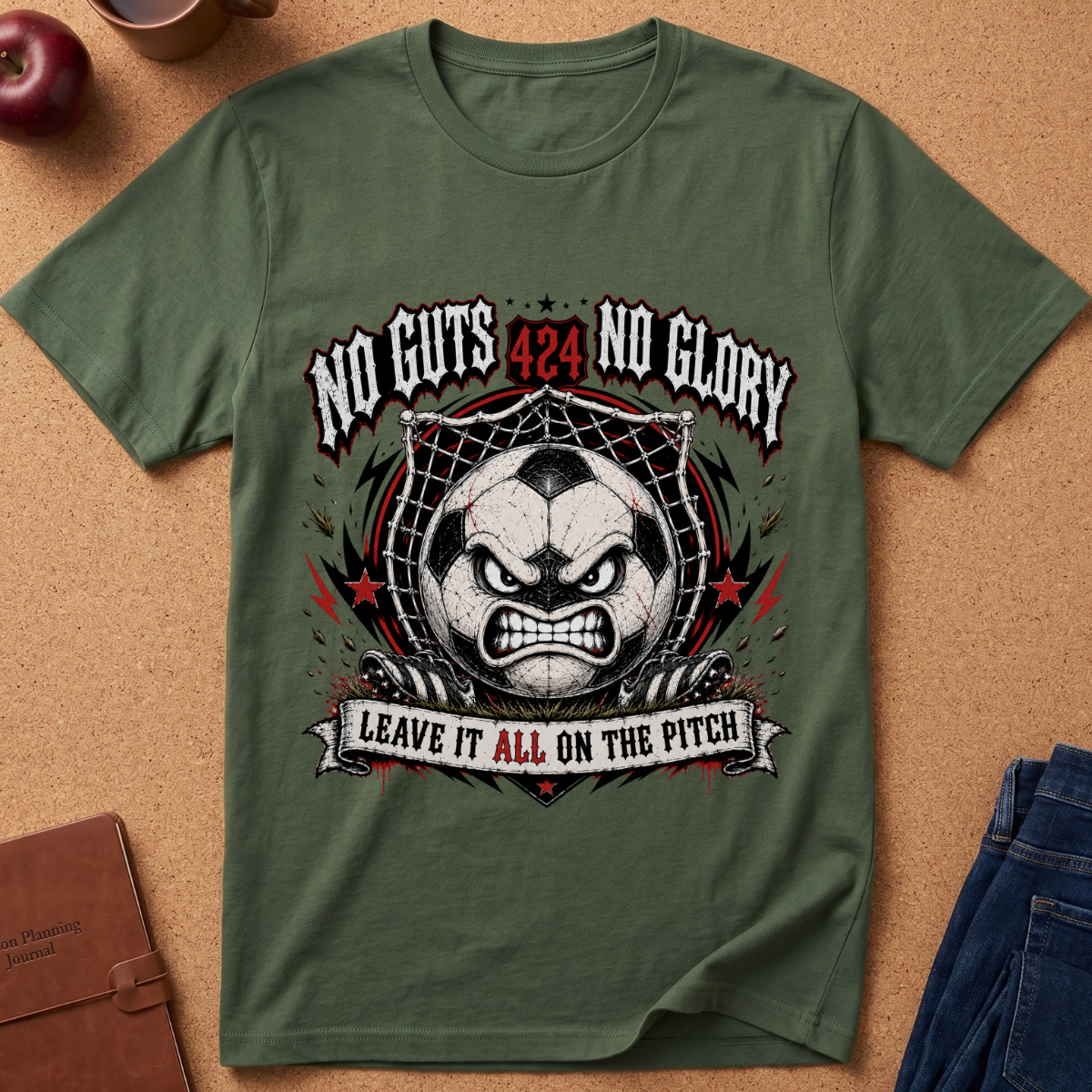 An olive green graphic t-shirt laid flat on a cork background, featuring a soccer-themed angry face design with the text 'NO GUTS 424 NO GLORY' and 'LEAVE IT ALL ON THE PITCH'.