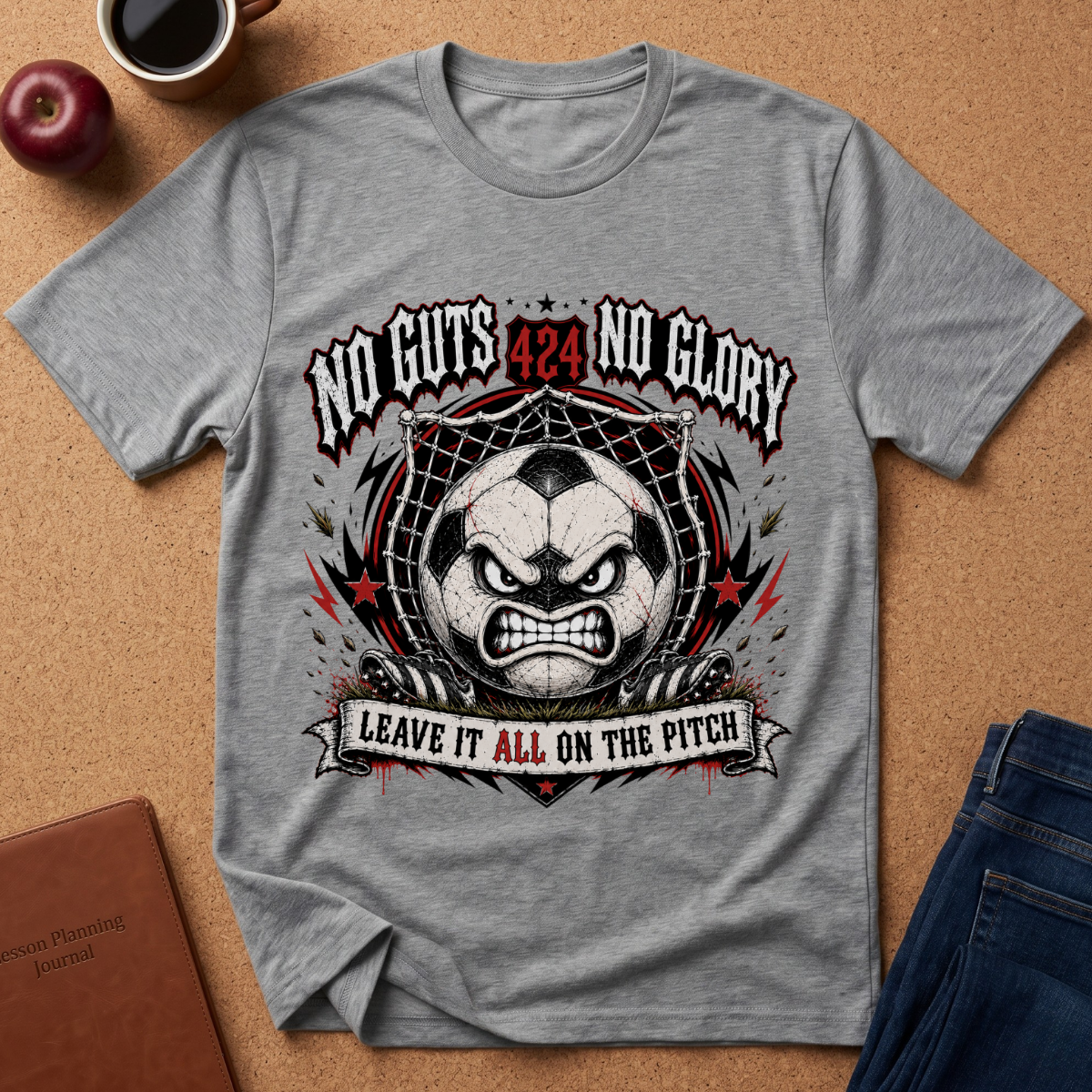 A heather gray graphic t-shirt laid flat on a cork board background, surrounded by lifestyle props including a coffee mug, an apple, a notebook, and folded blue jeans. The t-shirt features a large graphic of an angry soccer ball with the text 'NO GUTS 424 NO GLORY' and 'LEAVE IT ALL ON THE PITCH'.
