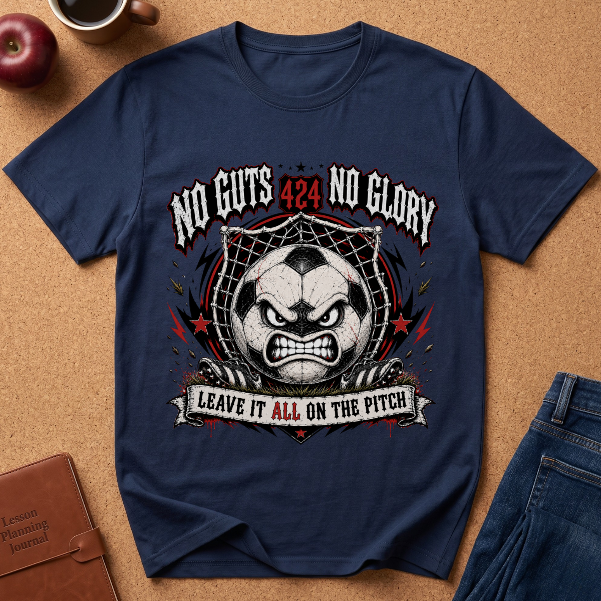 A navy blue graphic t-shirt laid flat on a cork background, featuring a soccer-themed angry face design with the text 'NO GUTS 424 NO GLORY' and 'LEAVE IT ALL ON THE PITCH'.