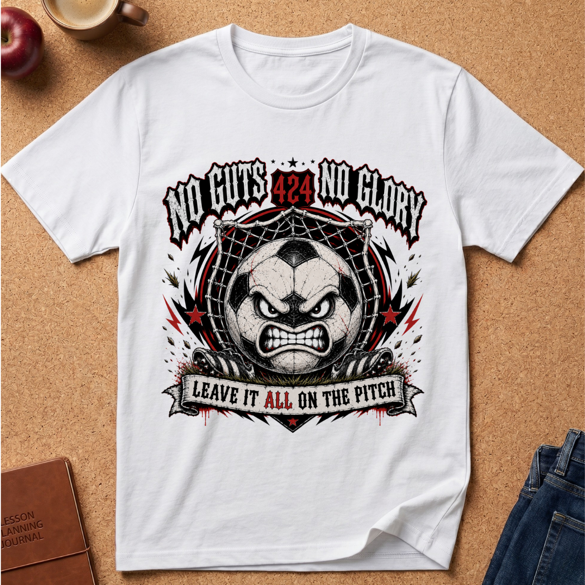 A white short-sleeve graphic T-shirt laid flat on a cork background, featuring a large black, red, and gray Soccer-themed print with the text 'NO CUTS NO GLORY' and 'LEAVE IT ALL ON THE PITCH.' Partial props including an apple, a cup, a book, and jeans are visible around the shirt.
