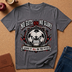 A heather dark gray graphic t-shirt laid flat on a cork background, featuring a soccer-themed angry face design with the text 'NO GUTS 424 NO GLORY' and 'LEAVE IT ALL ON THE PITCH'.
