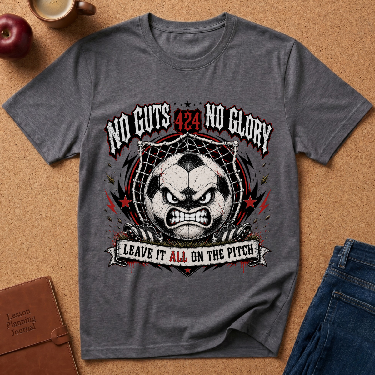 A heather dark gray graphic t-shirt laid flat on a cork background, featuring a soccer-themed angry face design with the text 'NO GUTS 424 NO GLORY' and 'LEAVE IT ALL ON THE PITCH'.