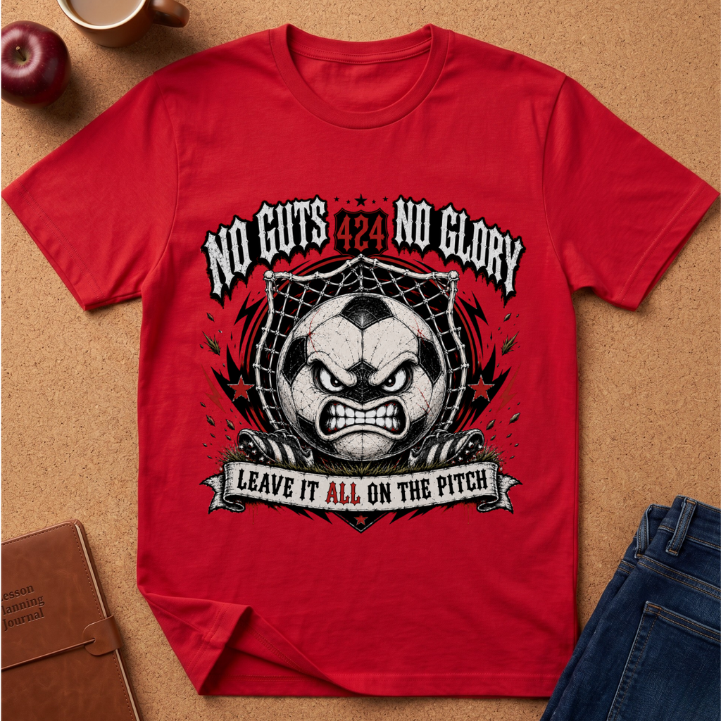 A red short-sleeve graphic T-shirt laid flat on a tan cork-like surface, surrounded by small props including an apple, a cup, a notebook, and blue jeans. The shirt has a large front print with the text 'NO GUTS 424 NO GLORY' and 'LEAVE IT ALL ON THE PITCH' around an angry soccer-ball-themed illustration.