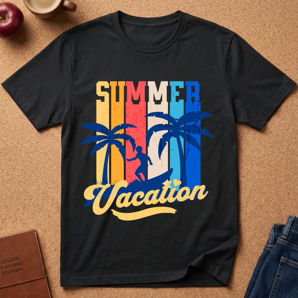 A black short-sleeve graphic T-shirt laid flat on a cork surface, featuring a retro-style 'Summer Vacation' print with vertical rainbow stripes, blue palm trees, and a yellow script font. Partial props around the shirt include an apple, a mug, a journal, and jeans.