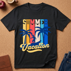 A black short-sleeve graphic T-shirt laid flat on a cork surface, featuring a retro-style 'Summer Vacation' print with vertical rainbow stripes, blue palm trees, and a yellow script font. Partial props around the shirt include an apple, a mug, a journal, and jeans.