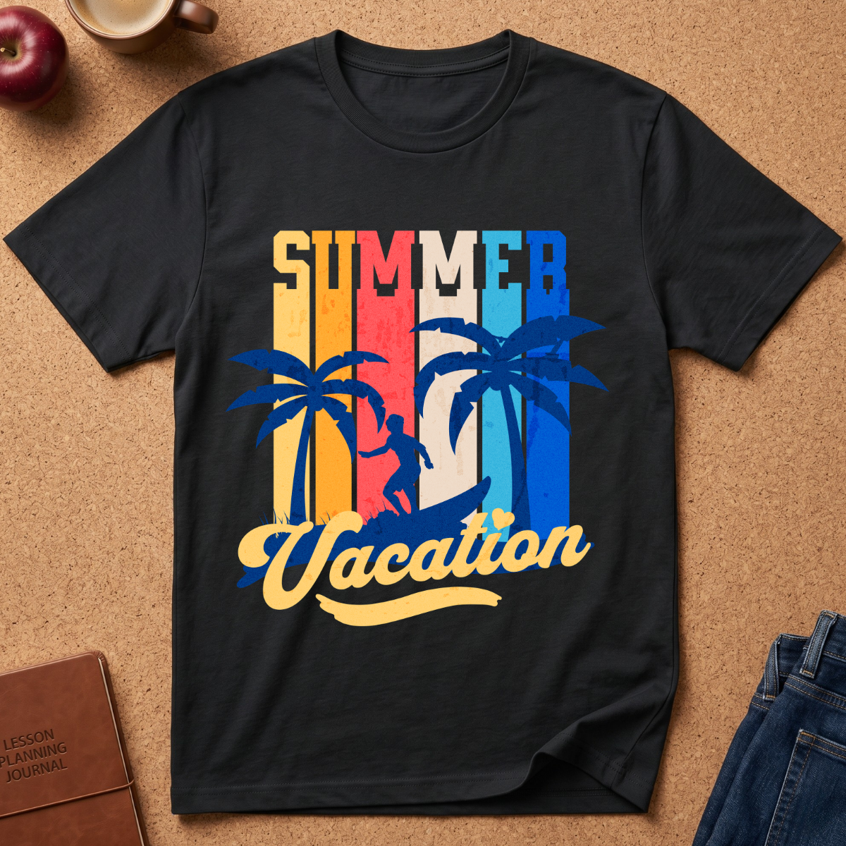 A black short-sleeve graphic T-shirt laid flat on a cork surface, featuring a retro-style 'Summer Vacation' print with vertical rainbow stripes, blue palm trees, and a yellow script font. Partial props around the shirt include an apple, a mug, a journal, and jeans.