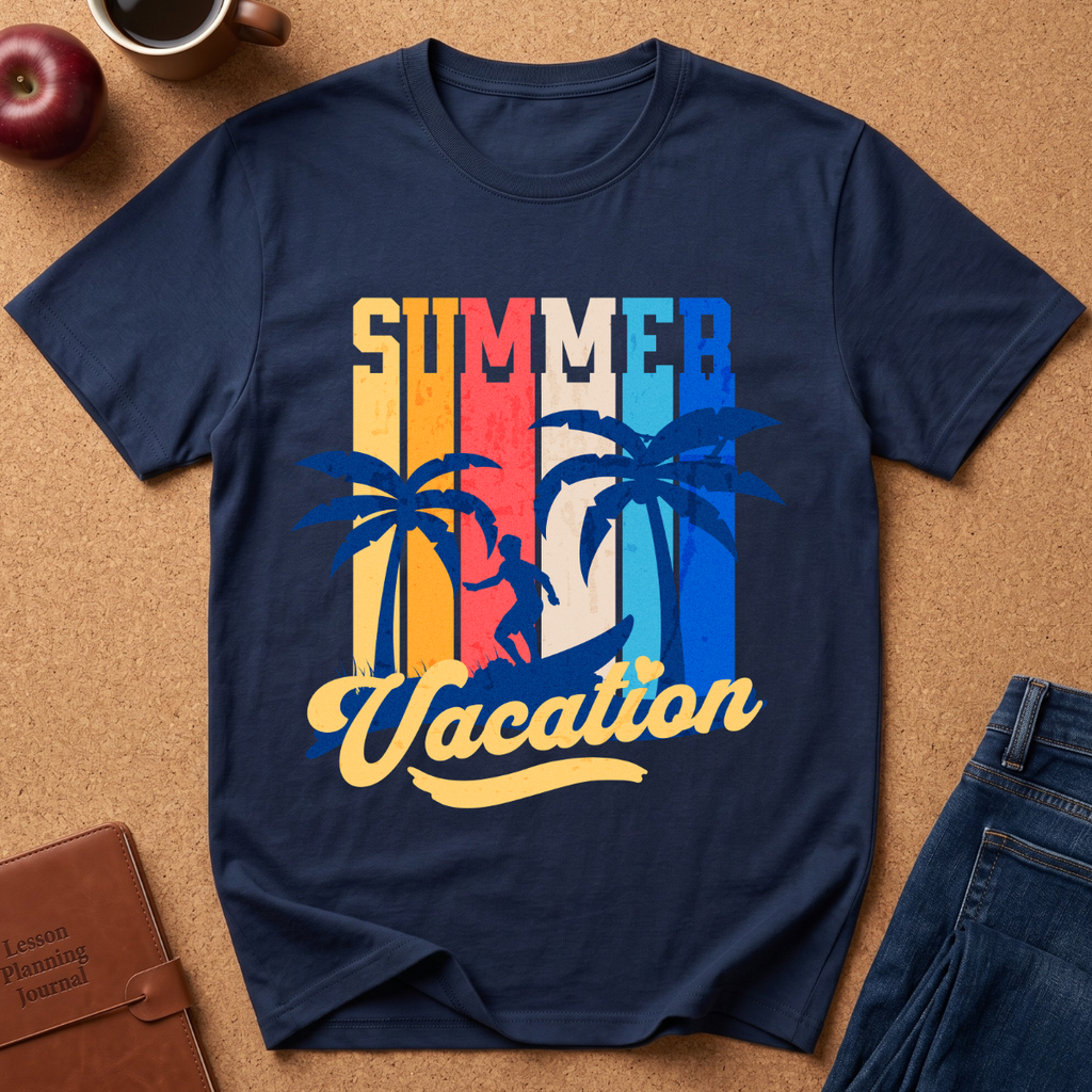 A navy blue short-sleeve t-shirt laid flat on a brown cork-like surface, featuring a retro-style 'Summer Vacation' graphic with vertical rainbow stripes, palm trees, and a silhouette of a person on a surfboard. Partial props around the shirt include an apple, a coffee cup, a brown journal, and blue jeans.