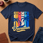 A navy blue short-sleeve t-shirt laid flat on a brown cork-like surface, featuring a retro-style 'Summer Vacation' graphic with vertical rainbow stripes, palm trees, and a silhouette of a person on a surfboard. Partial props around the shirt include an apple, a coffee cup, a brown journal, and blue jeans.