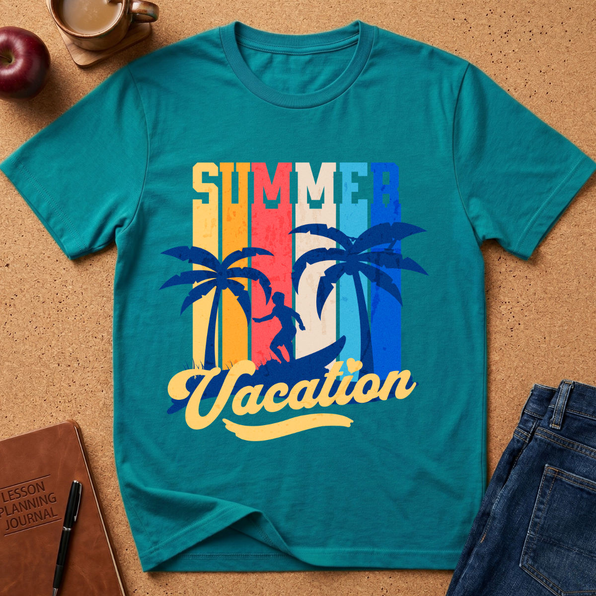 A teal short-sleeve graphic T-shirt laid flat on a cork-like surface, surrounded by lifestyle props including an apple, coffee cup, notebook, and jeans. The shirt features a retro vertical stripe design in yellow, orange, red, and blue with palm trees and the words 'SUMMER Vacation' in yellow script.