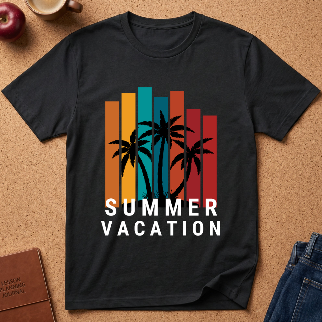 A black short-sleeve t-shirt laid flat on a cork background, featuring a retro graphic with vertical orange, teal, and red bars, black palm tree silhouettes, and the words 'SUMMER VACATION' in white. Styled flat-lay props include an apple, a coffee cup, a journal, and jeans.