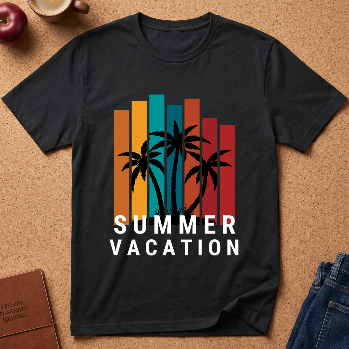 A black short-sleeve t-shirt laid flat on a cork background, featuring a retro graphic with vertical orange, teal, and red bars, black palm tree silhouettes, and the words 'SUMMER VACATION' in white. Styled flat-lay props include an apple, a coffee cup, a journal, and jeans.