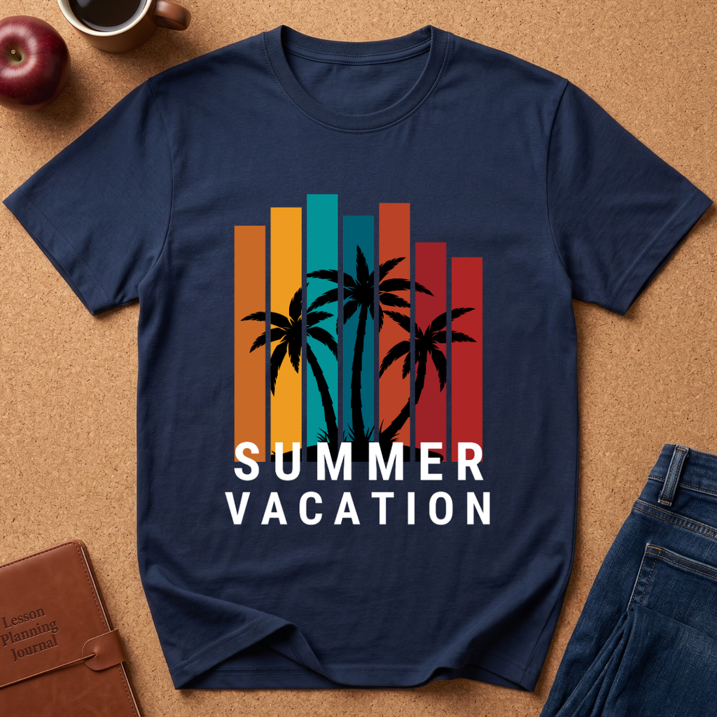 A navy blue t-shirt laid flat on a brown cork background, featuring a retro graphic of black palm tree silhouettes in front of vertical orange, yellow, teal, and red stripes, with the words 'SUMMER VACATION' printed below in white. Lifestyle props including an apple, a coffee cup, a leather journal, and blue jeans are visible around the shirt.